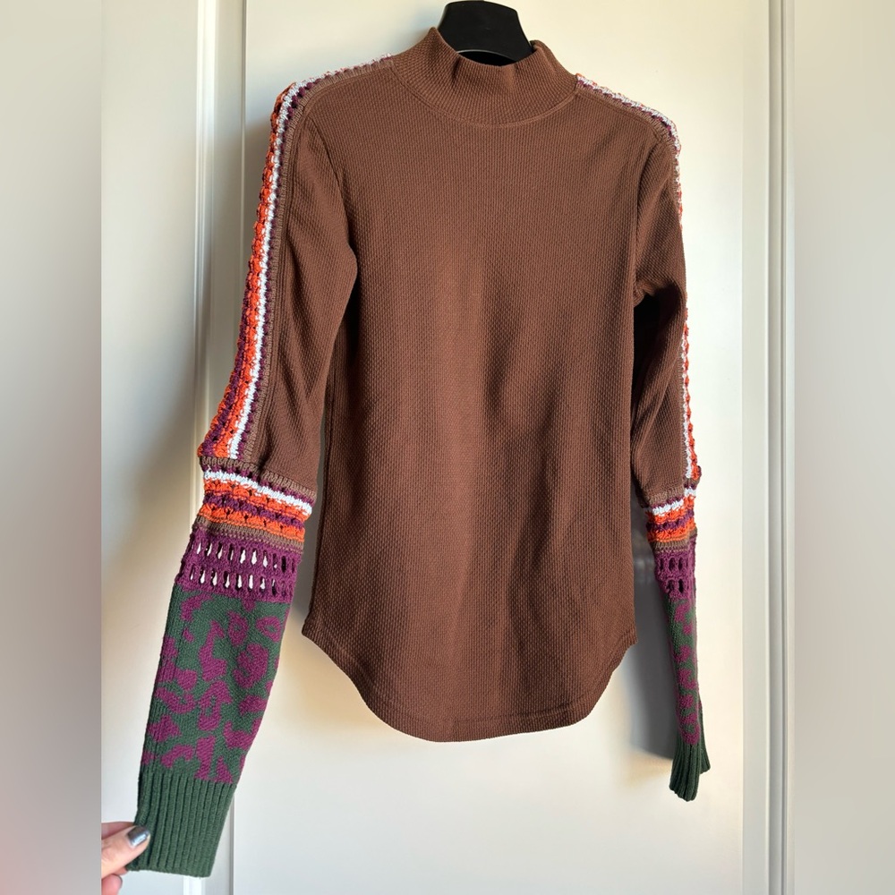 Free Preople Switch It Up Thermal Sweater Brown with Green, Purple and Orange S - Picture 6 of 9